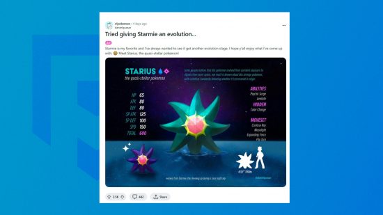 Projeto de conceito de evolução Starmie na frente de um fundo azul PT