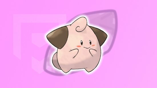 Evolução de Clefairy: Cleffa em frente a uma pedra da lua em frente a um fundo PT rosa