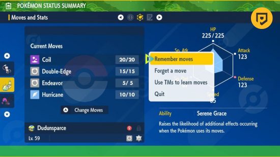 Evolução do Dunsparce: Uma captura de tela do Pokémon Violet da página de resumo de um Dudunsparce, mostrando seu conjunto de movimentos e a função de 'lembrar movimentos'.  No canto superior direito há um logotipo do PT em um círculo de manga