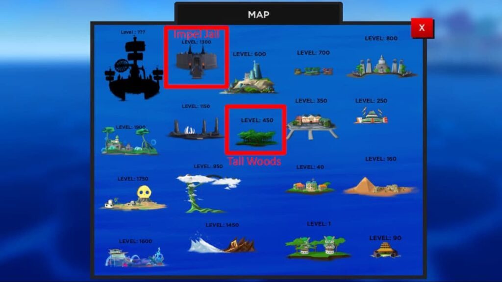 Mapa de Roblox Haze Piece mostrando a prisão de Impel e bosques altos em uma praça vermelha