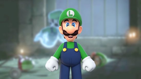 O personagem de Mario, Luigi, estava em uma pose ereta, parecendo feliz. Ele é um homem com chapéu e camisa verdes, luvas brancas e macacão azul.  Ele tem um bigode espesso e um nariz grande e redondo.