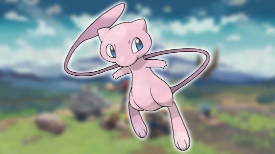 Pokémon mítico: um plano de fundo mostra uma captura de tela de Pokémon Legends: Arceus, enquanto o primeiro plano mostra a arte principal do Pokémon Mew