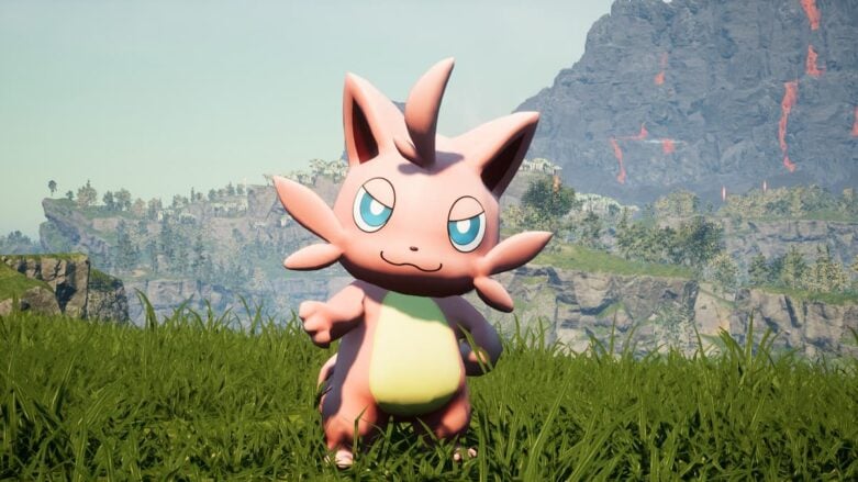 Palworld Meowth parecendo amigo rosa na grama