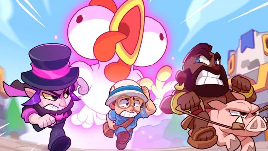 Arte mostrando três personagens do Squad Busters fugindo de uma galinha gigante