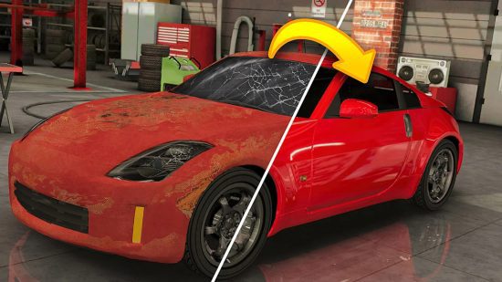 Jogos mecânicos CMSR, uma foto antes e depois de um carro vermelho