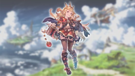 Personagens Granblue Fantasy Relink - Cagliostro em um fundo de paisagem nublada