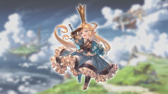 Personagens Granblue Fantasy Relink - Charlotta em um fundo de paisagem nublada