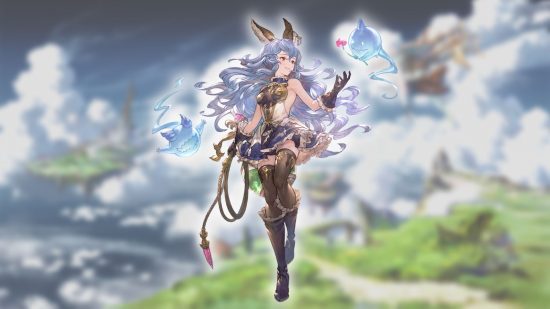 Personagens Granblue Fantasy Relink - Balsa em um fundo de paisagem nublada