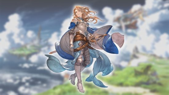 Personagens Granblue Fantasy Relink - Katalina em um fundo de paisagem nublada