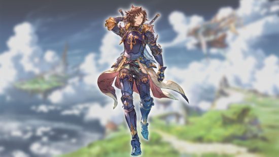 Personagens Granblue Fantasy Relink - Lancelot em um fundo de paisagem nublada