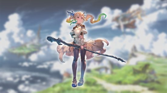 Personagens Granblue Fantasy Relink - Io em um fundo de paisagem nublada