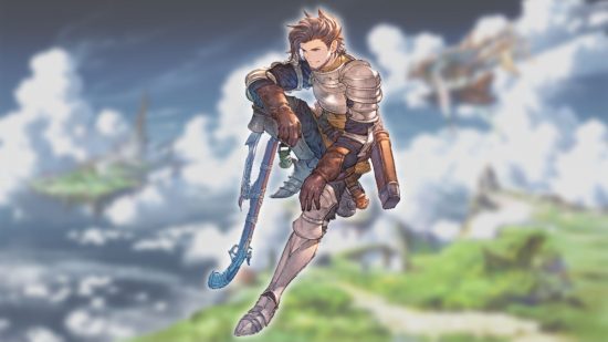 Personagens Granblue Fantasy Relink - Rackam em um fundo de paisagem nublada