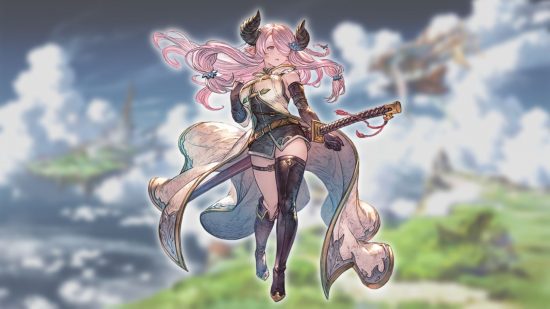 Personagens Granblue Fantasy Relink - Narmaya em um fundo de paisagem nublada