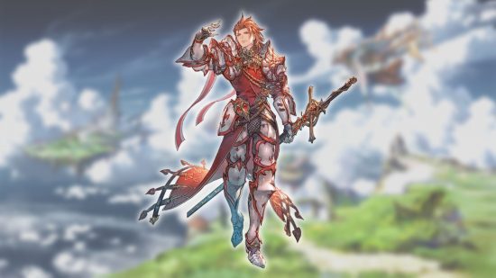 Personagens Granblue Fantasy Relink - Percival em um fundo de paisagem nublada