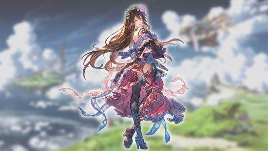 Personagens Granblue Fantasy Relink - Rosetta em um fundo de paisagem nublada