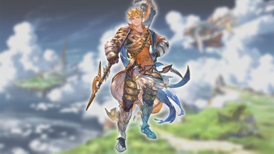 Personagens Granblue Fantasy Relink - Vane em um fundo de paisagem nublada