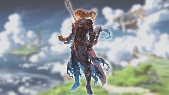 Personagens Granblue Fantasy Relink - Siegfried em um fundo de paisagem nublada