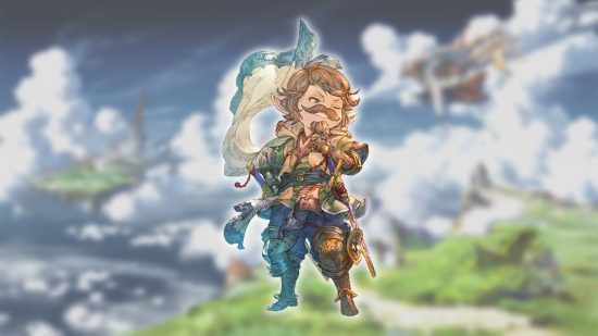 Personagens Granblue Fantasy Relink - Yodarha em um fundo de paisagem nublada