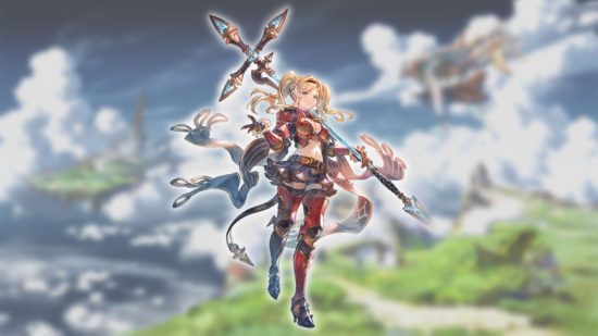 Personagens Granblue Fantasy Relink - Zeta em um fundo de paisagem nublada