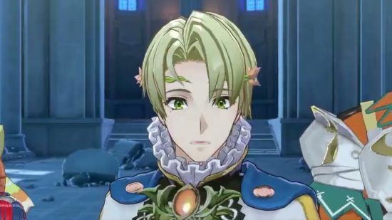 Captura de tela do personagem Alfred do Fire Emblem Engage olhando para o jogador