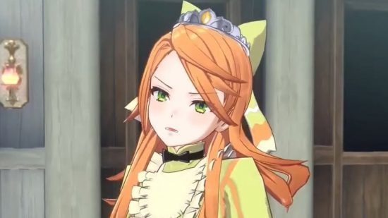 Captura de tela do personagem Eite do Fire Emblem Engage olhando desarmadamente para o jogador