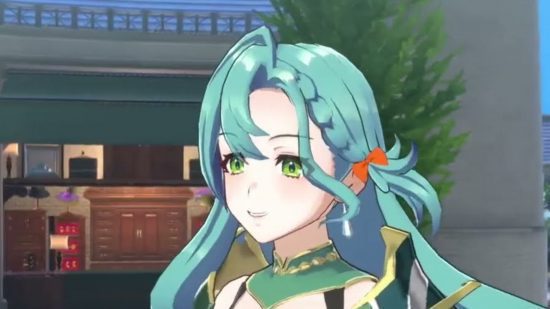 Captura de tela da personagem Chloe do Fire Emblem Engage olhando para longe