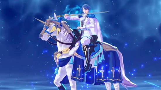 Sigurd andando a cavalo no guia de personagens do Fire Emblem Engage