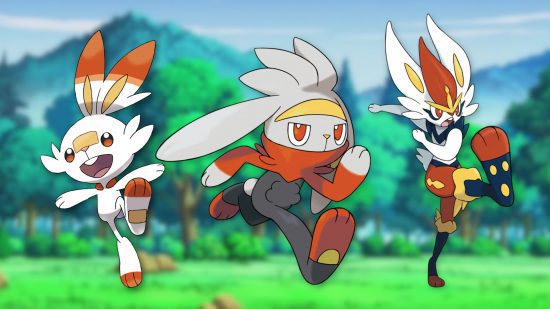 Imagem personalizada de Scorbunny, Raboot, Cinderace em um fundo de campo para o guia Pokémon do coelho