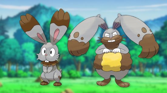 Imagem personalizada de Bunnelby e Diggersby em um fundo de campo para guia Pokémon coelho