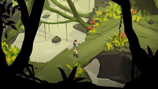 Lara Croft estava em uma selva com um rio no jogo Tomb Raider Lara Croft Go