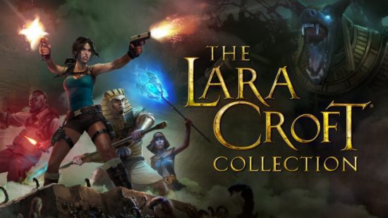 Jogos Tomb Raider, arte principal da coleção Lara Croft mostrando Lara atirando com suas armas com pessoas de cada lado dela enquanto Set observa