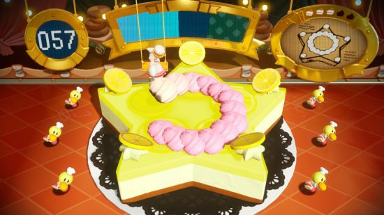 Princesa Peach: Hora do show!  prévia: Patissiere Peach decorando um cheesecake de limão em forma de estrela com cobertura de um balanço aéreo