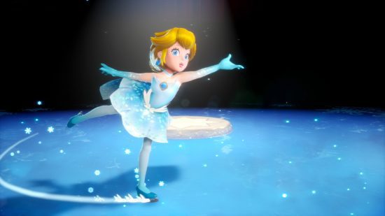 Princesa Peach: Hora do show!  prévia: uma captura de tela da patinação artística Peach em uma fantasia azul sob os holofotes