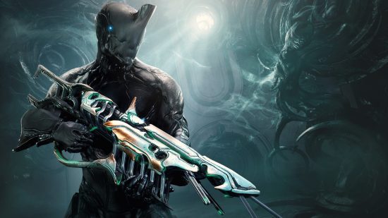 Entrevista Warframe Mobile: Um warframe segurando a arma exclusiva do pacote inicial do jogo para celular