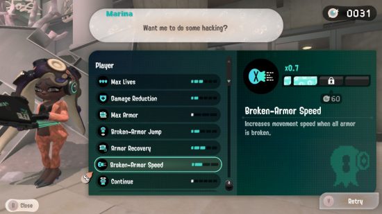 Recompensas do Splatoon 3 Side Order: um menu mostrando as atualizações disponíveis no jogo