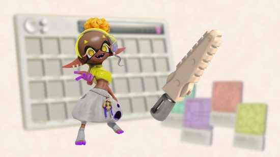 Paletas Splatoon 3 Side Order: Frye e sua arma sobre o fundo de uma paleta