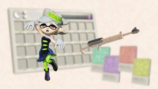 Paletas Splatoon 3 Side Order: Marie e sua arma sobre o fundo de uma paleta