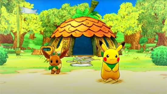 Previsões do Pokémon Day 2024 – Pikachu e Eevee estavam em uma estrada de terra em frente a uma cabana na floresta