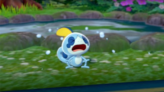 Previsões do Pokémon Day 2024 – Sobble chorando na grama em frente a um lago