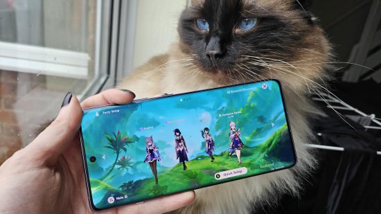 A edição OnePlus 12R Genshin Impact ao lado de um lindo gato ragdoll