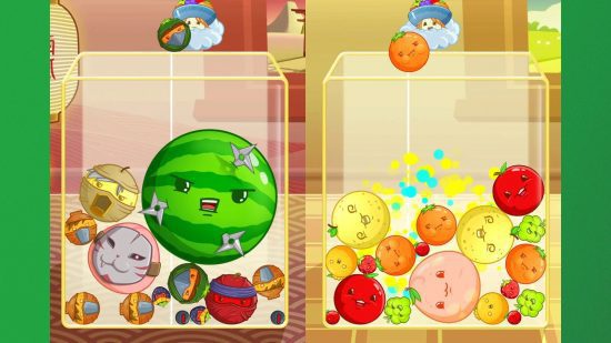 Suika Games – Duas capturas de tela do Fruit Merge de Kyo mostrando diferentes cascas da fruta