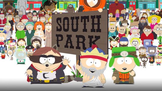 Jogos de South Park: uma grande reunião de super-heróis de desenhos animados, incluindo a equipe principal em frente à placa de madeira de South Park