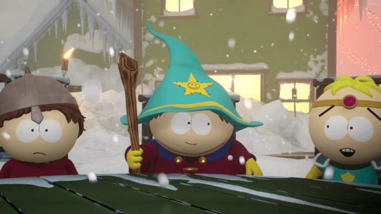 Jogos South Park: uma imagem promocional do Snow Day mostrando os novos gráficos 3D, apresentando o New Kid vestido de bruxo