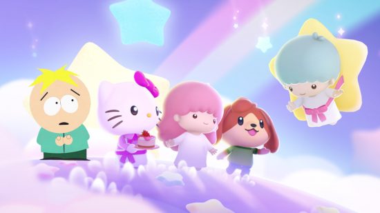 Jogos South Park: Butters from South Park editados em um gráfico promocional para Hello Kitty Island Adventure apresentando Kitty, Kiki, Lala e um personagem do jogador