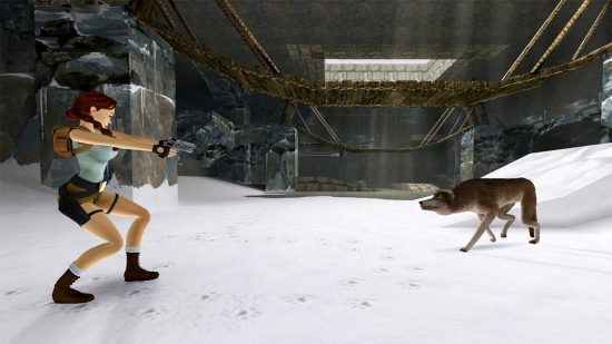 Lara Croft em uma tumba de neve apontando suas armas para um lobo