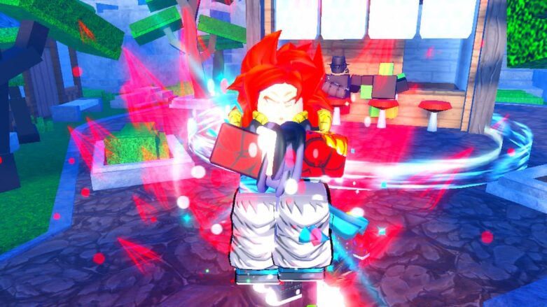 Roblox Anime Last Stand Unidade exótica Gogata flutuando com sua aura vermelha parecendo ameaçadora