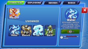 Blade Ball Characters Menu Showing Fire Water Electric Ice And Earth