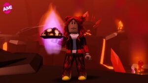 Adopt Me An Avatar Dressed In Fire Clothing Holding Baked Alaska Bait In Their Right Hand