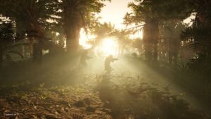 Helldivers 2 Artwork Armed Soldiers In A Forest With Sunlight Beaming From Behind Trees