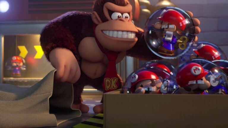 Mario Vs Donkey Kong Donkey Kong Grinning As He Holds A Mario Doll In A Round See Through Ball